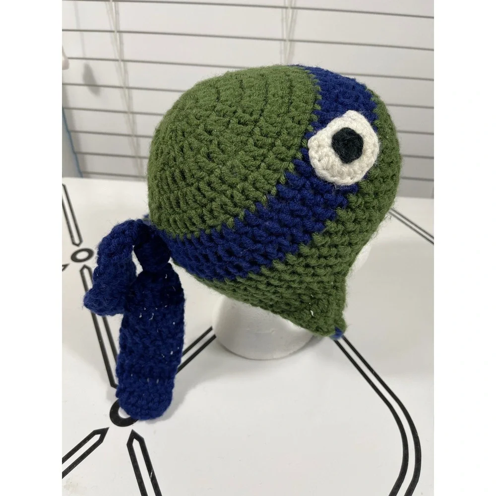Kids Crochet Ninja‎ Turtle Hat With Braids Green Blue White Black Eye